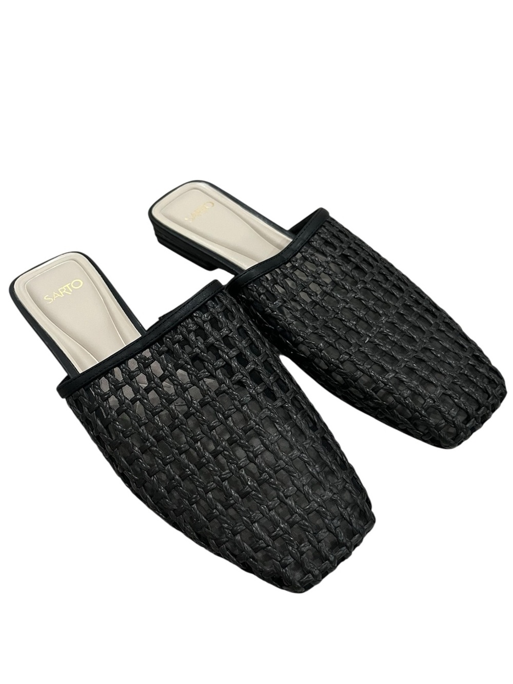Franco Sarto Tomika 2 Black Woven Square Toe Slip On Mule Shoe 9 New Modern